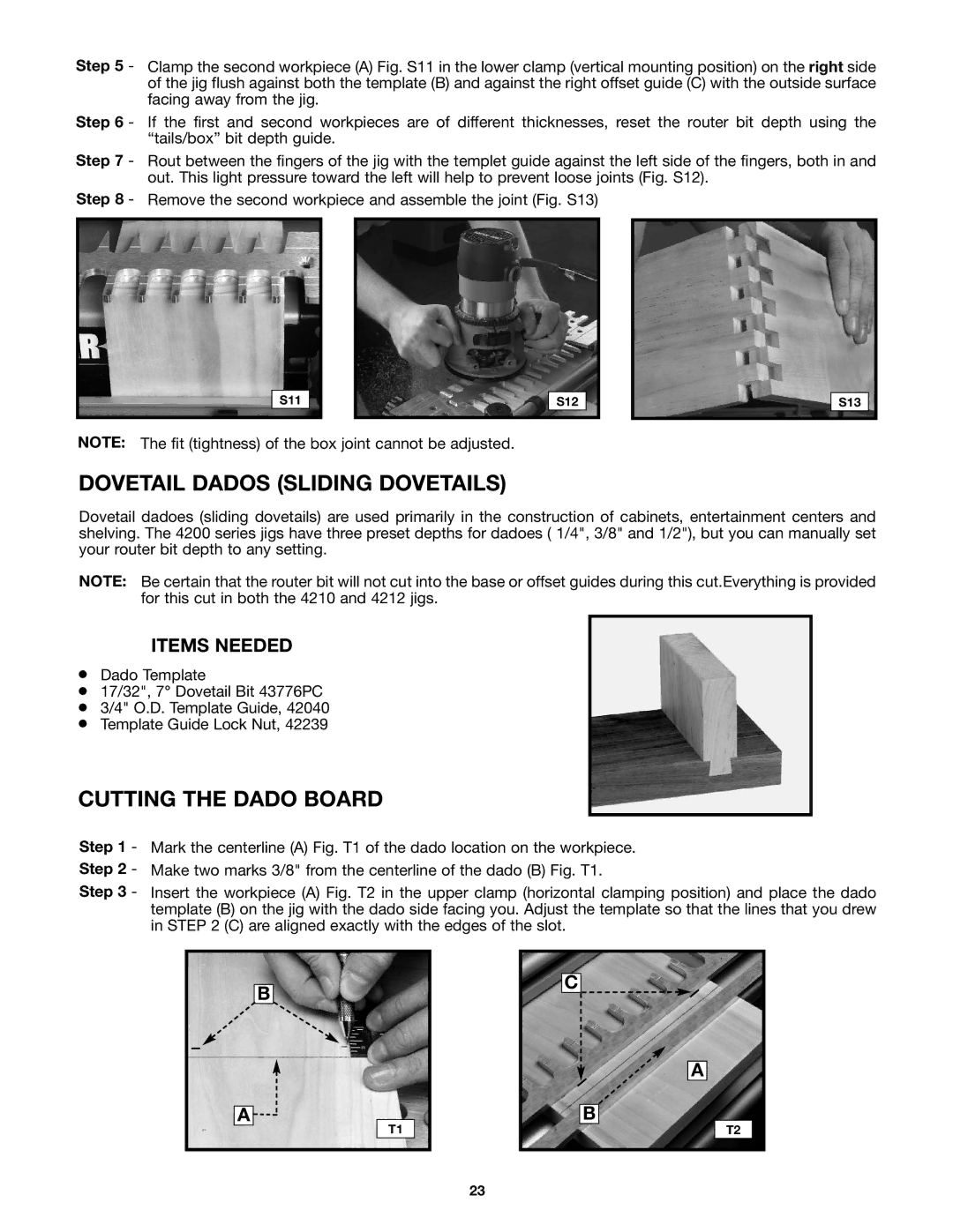 Porter-Cable 4212 (29550) instruction manual Dovetail Dados Sliding Dovetails, Cutting the Dado Board 