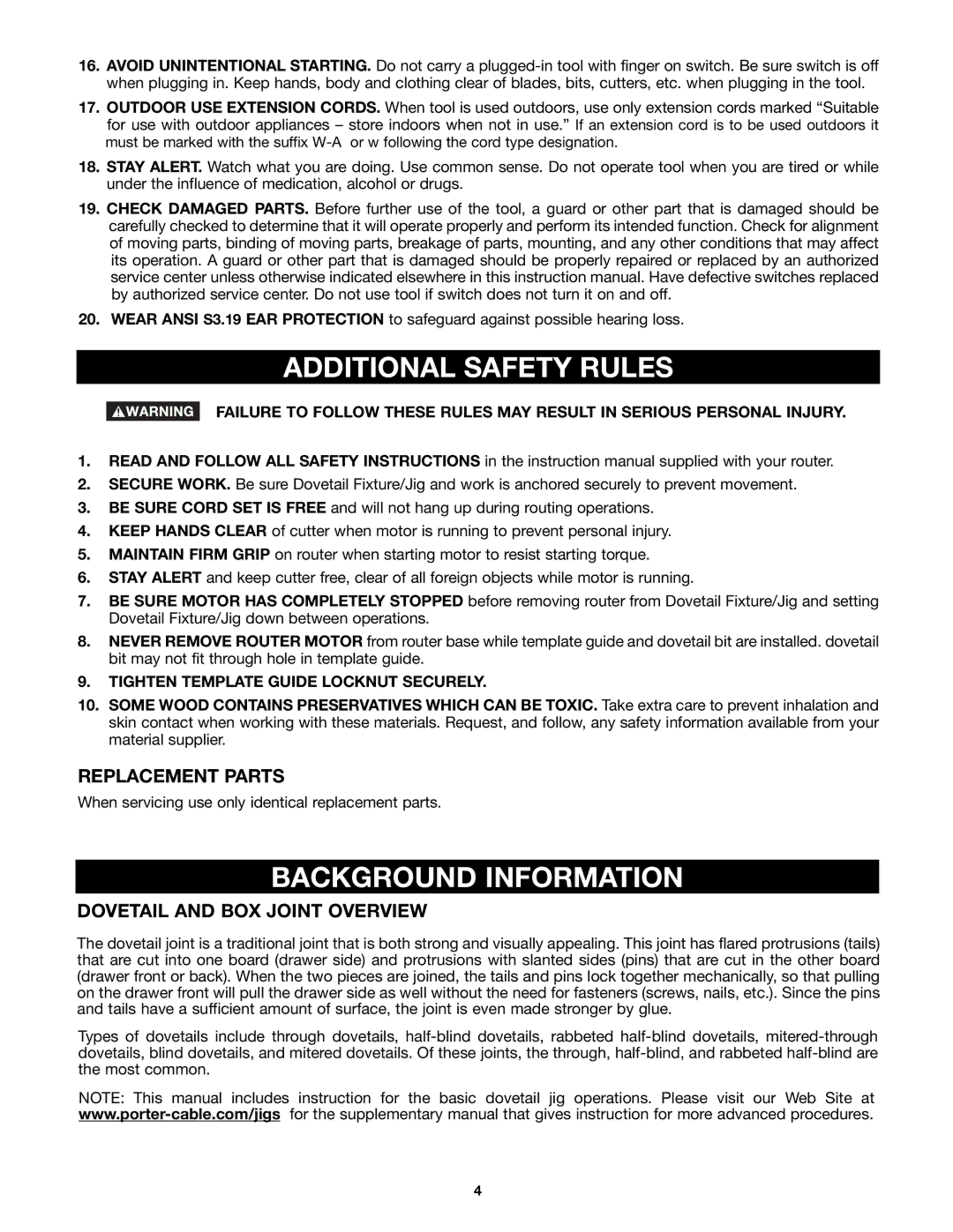 Porter-Cable 4212 (29550) instruction manual Additional Safety Rules, Background Information, Replacement Parts 