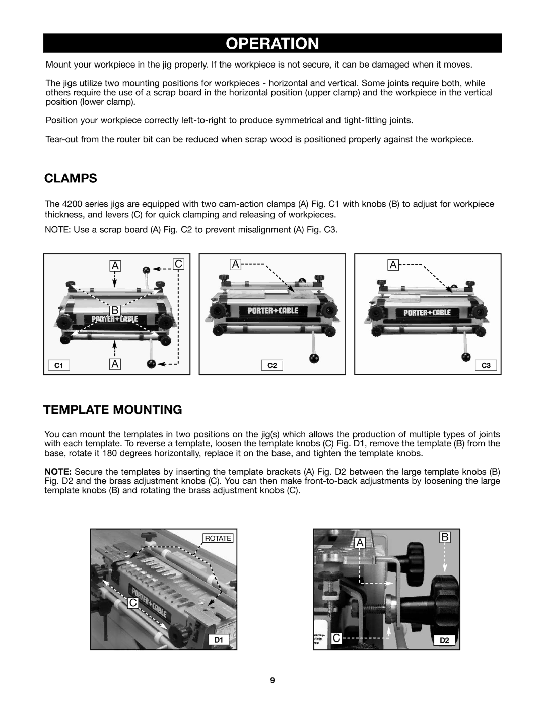 Porter-Cable 4212 (29550) instruction manual Operation, Clamps, Template Mounting 