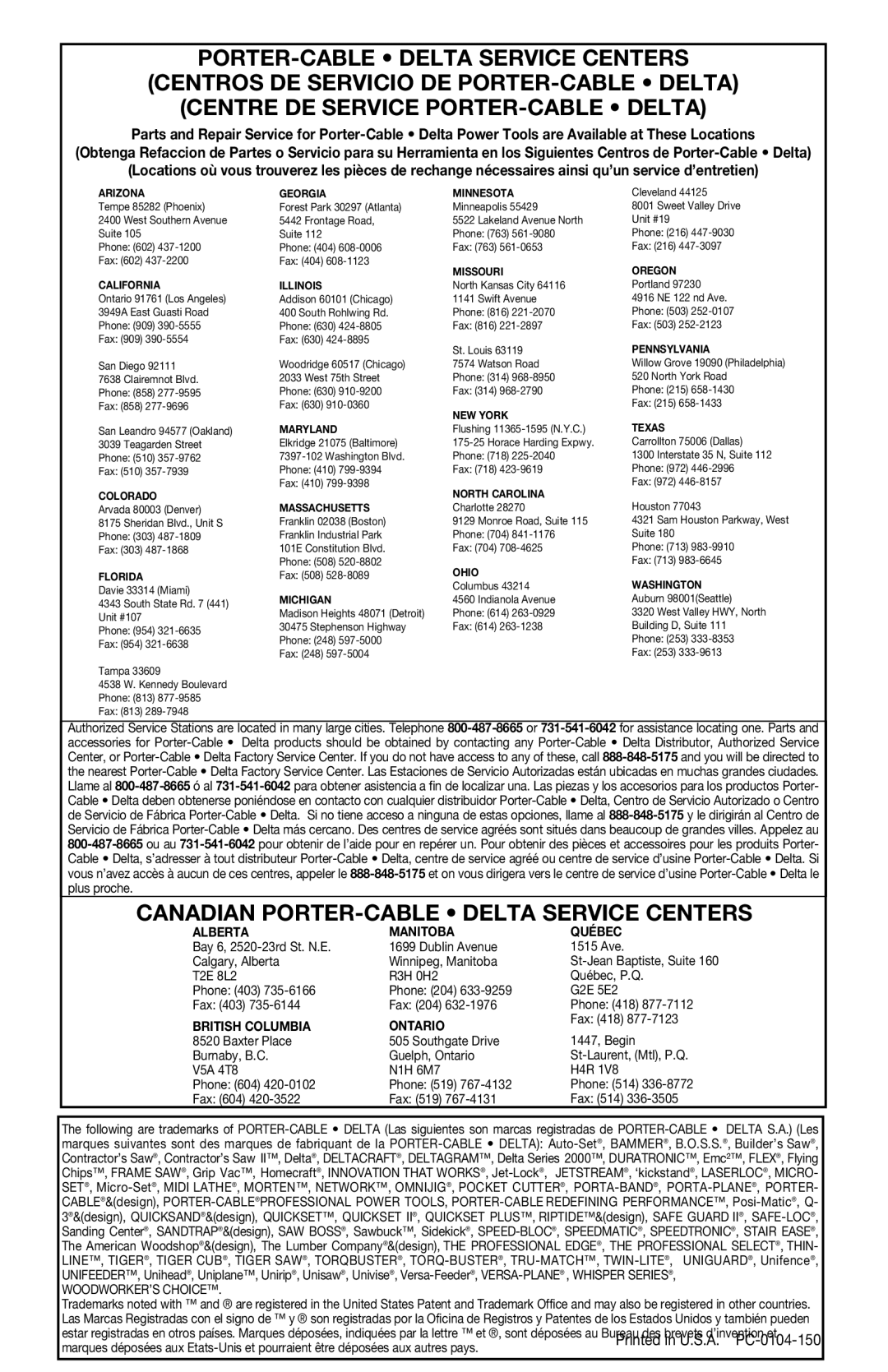 Porter-Cable 424MAG, 423MAG instruction manual Canadian PORTER-CABLE Delta Service Centers, Arizona Georgia Minnesota 