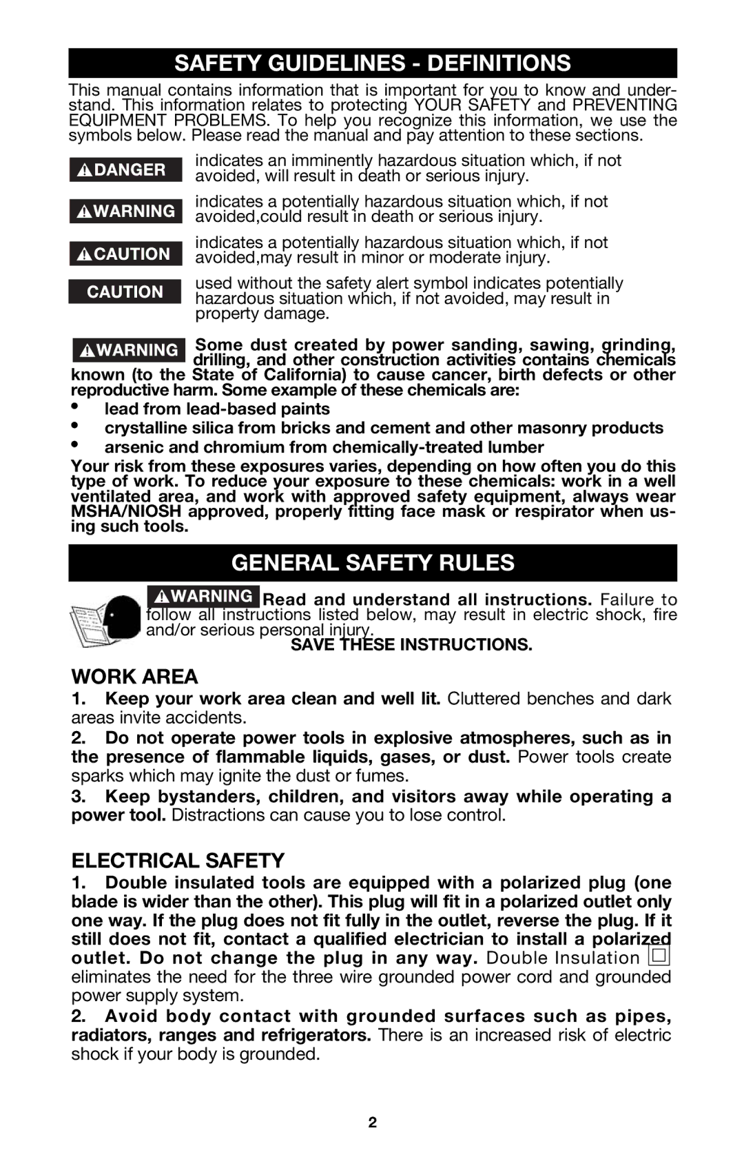 Porter-Cable 423MAG, 424MAG Safety Guidelines Definitions, General Safety Rules, Work Area, Electrical Safety 