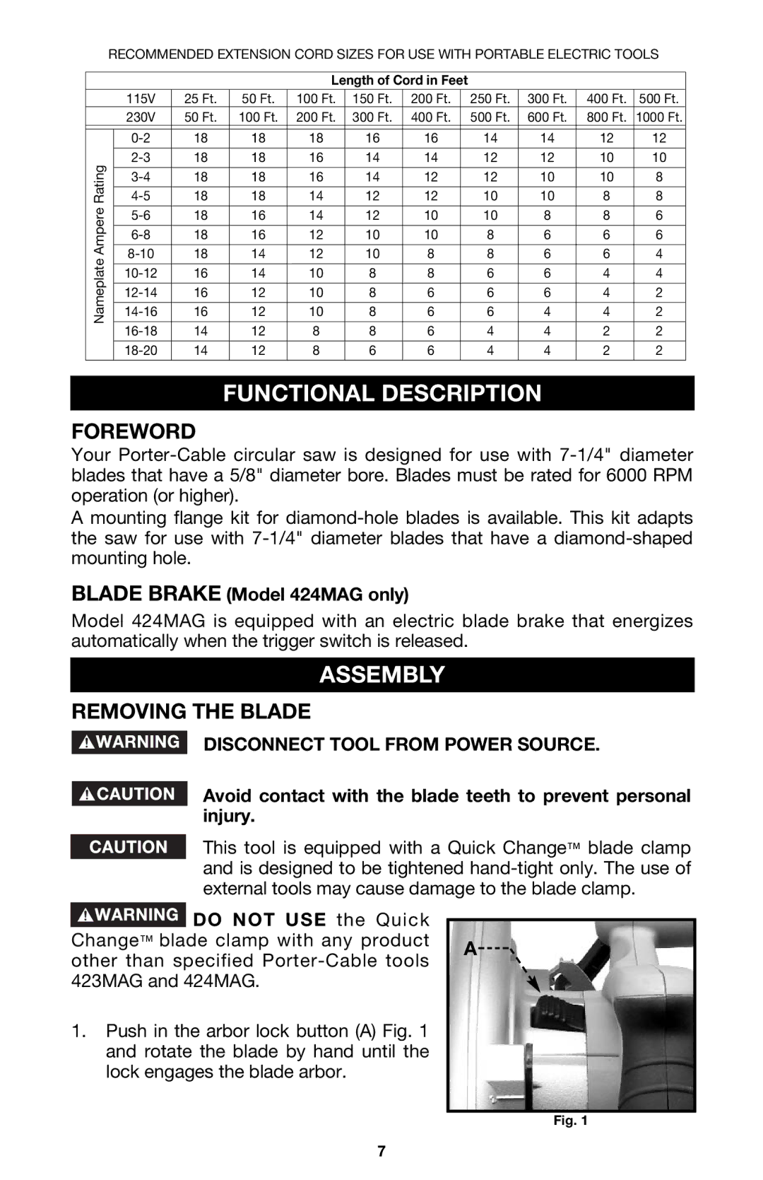 Porter-Cable 424MAG Functional Description, Assembly, Foreword, Removing the Blade, Disconnect Tool from Power Source 