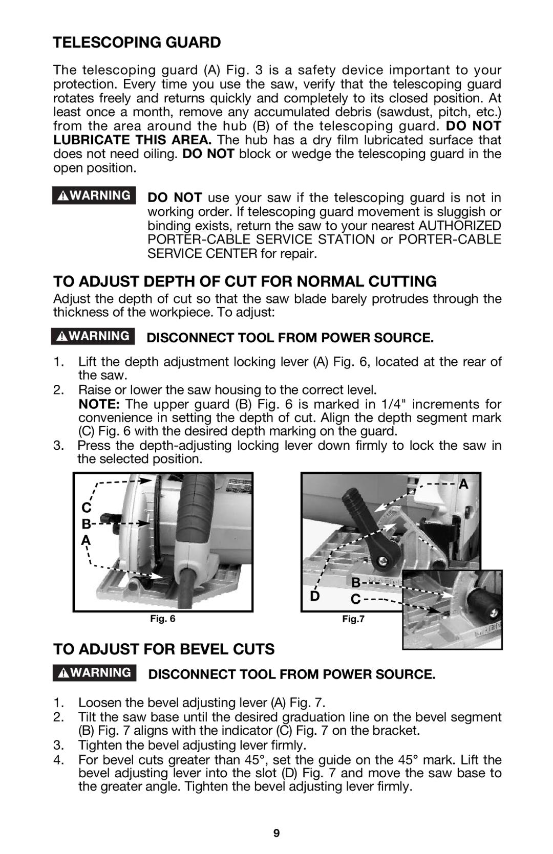 Porter-Cable 424MAG, 423MAG Telescoping Guard, To Adjust Depth of CUT for Normal Cutting, To Adjust for Bevel Cuts 