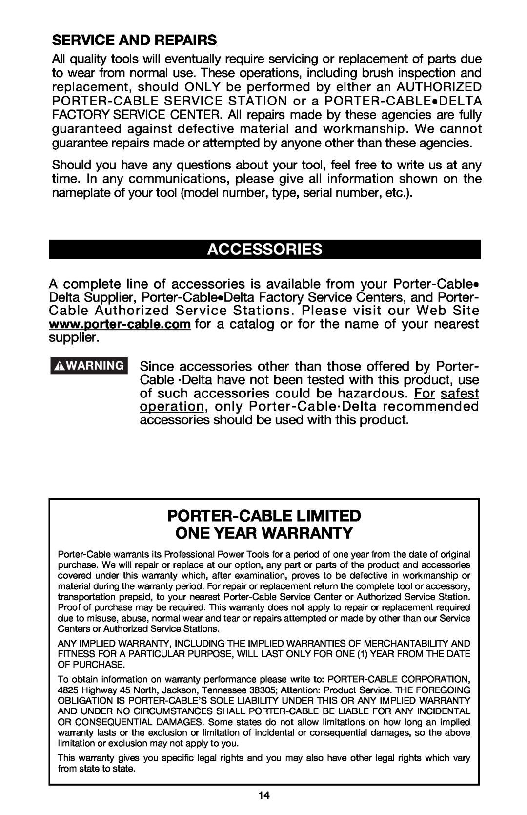 Porter-Cable 423MAG, 424MAG instruction manual Accessories, Porter-Cablelimited One Year Warranty, Service And Repairs 