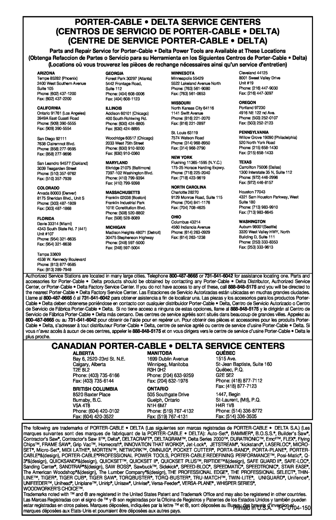 Porter-Cable 424MAG Porter-Cable Delta Service Centers, Centros De Servicio De Porter-Cable Delta, Alberta, Manitoba 