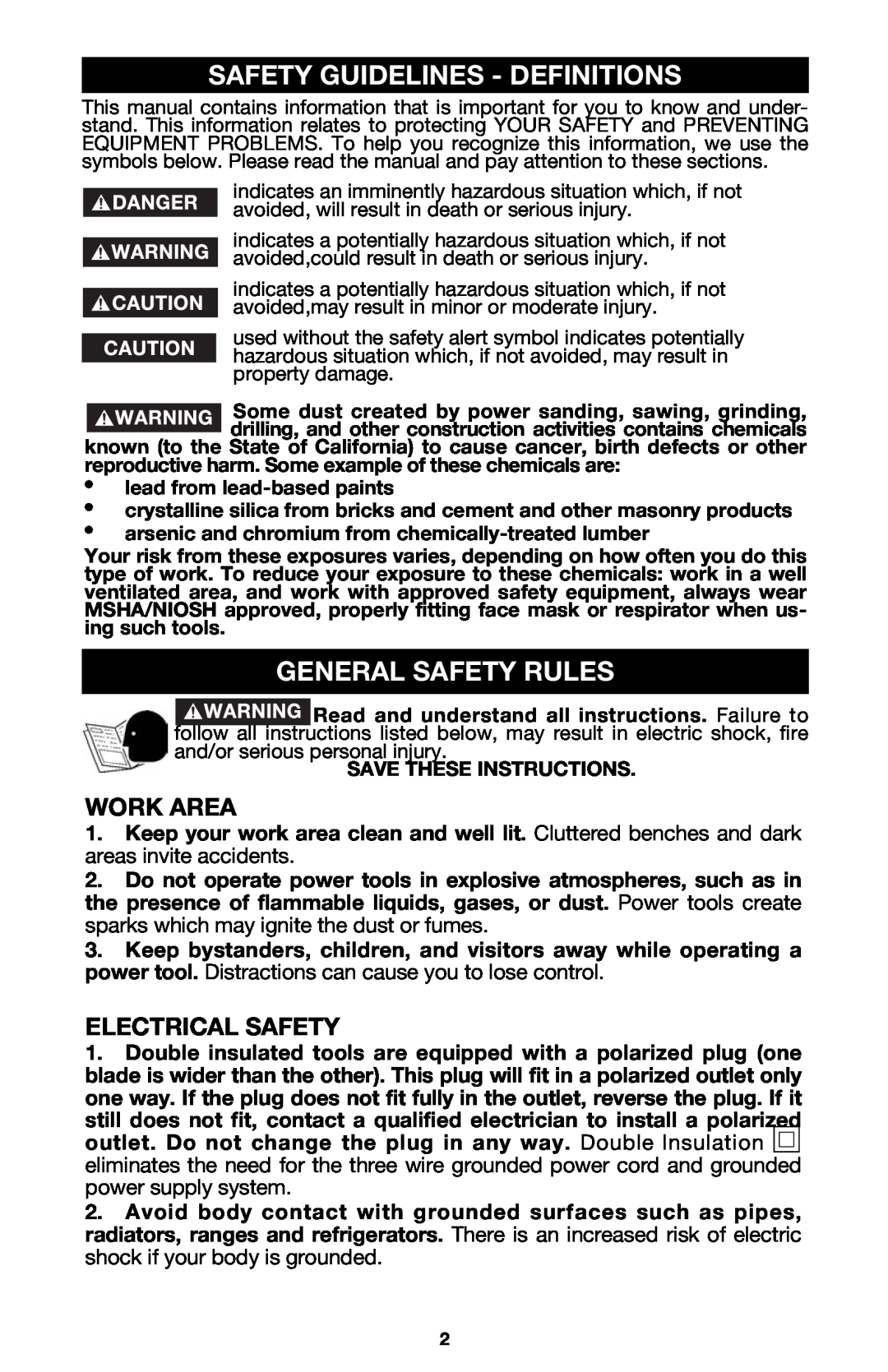 Porter-Cable 423MAG, 424MAG Safety Guidelines - Definitions, General Safety Rules, Work Area, Electrical Safety 