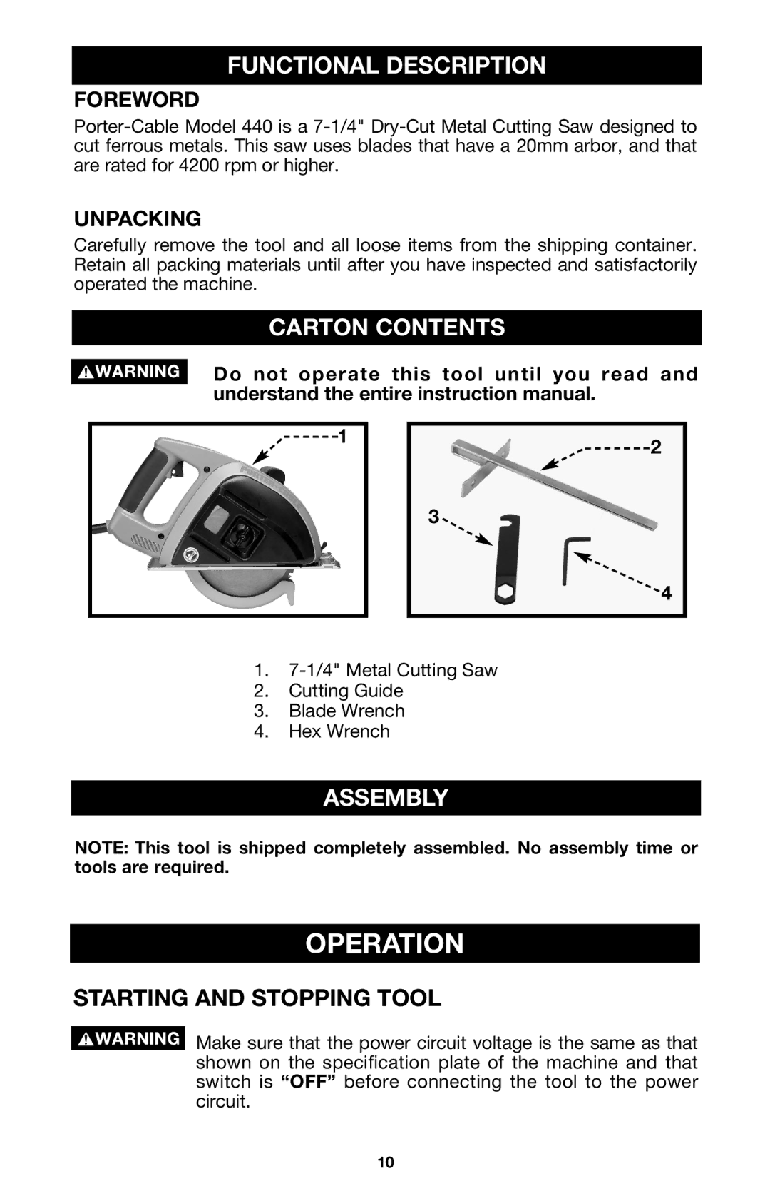 Porter-Cable 440 instruction manual Functional Description, Carton Contents, Assembly, Starting and Stopping Tool 