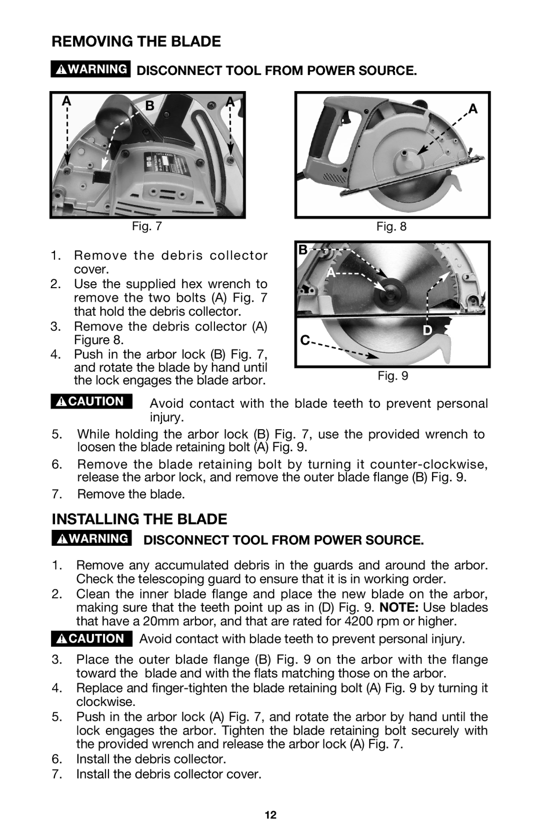 Porter-Cable 440 instruction manual Removing the Blade, Installing the Blade 