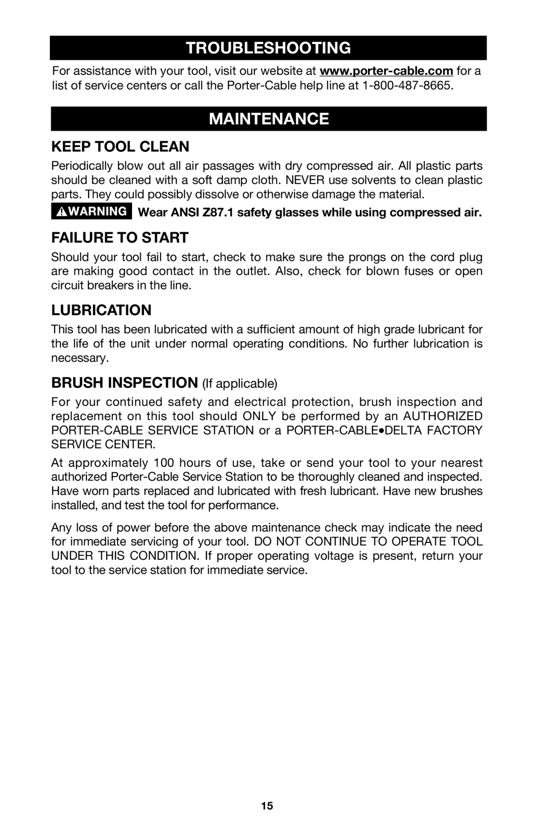 Porter-Cable 440 instruction manual Troubleshooting Maintenance, Keep Tool Clean, Failure to Start, Lubrication 