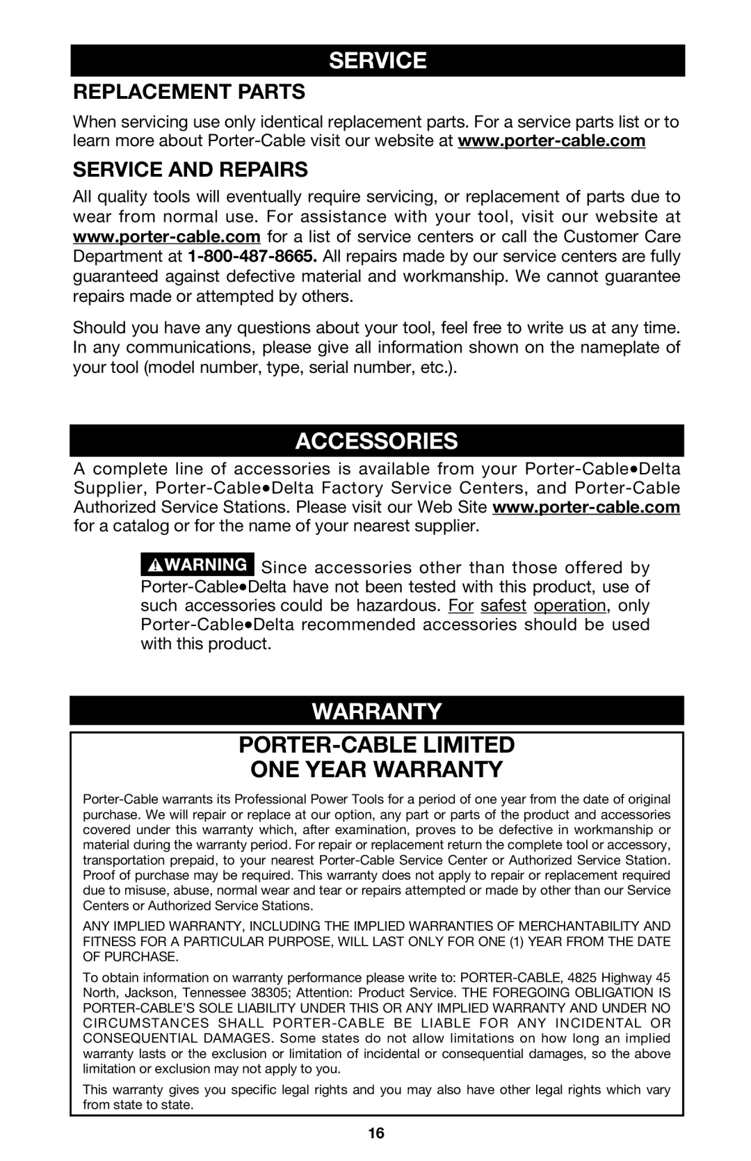 Porter-Cable 440 Accessories, PORTER-CABLE Limited ONE Year Warranty, Replacement Parts Service and Repairs 