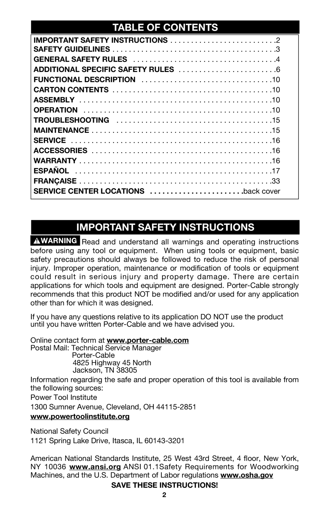 Porter-Cable 440 instruction manual Table of Contents, Important Safety Instructions 