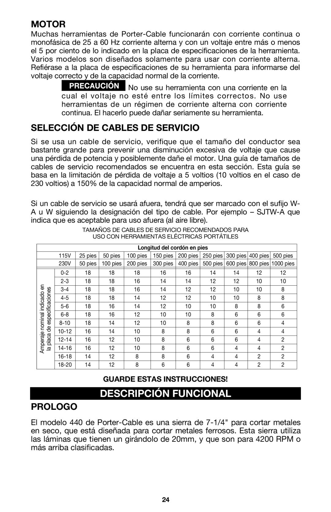 Porter-Cable 440 instruction manual Descripción Funcional, Selección DE Cables DE Servicio, Prologo 