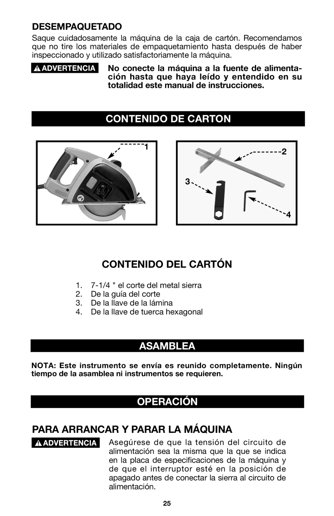 Porter-Cable 440 Contenido DE Carton, Contenido DEL Cartón, Asamblea, Operación, Para Arrancar Y Parar LA Máquina 