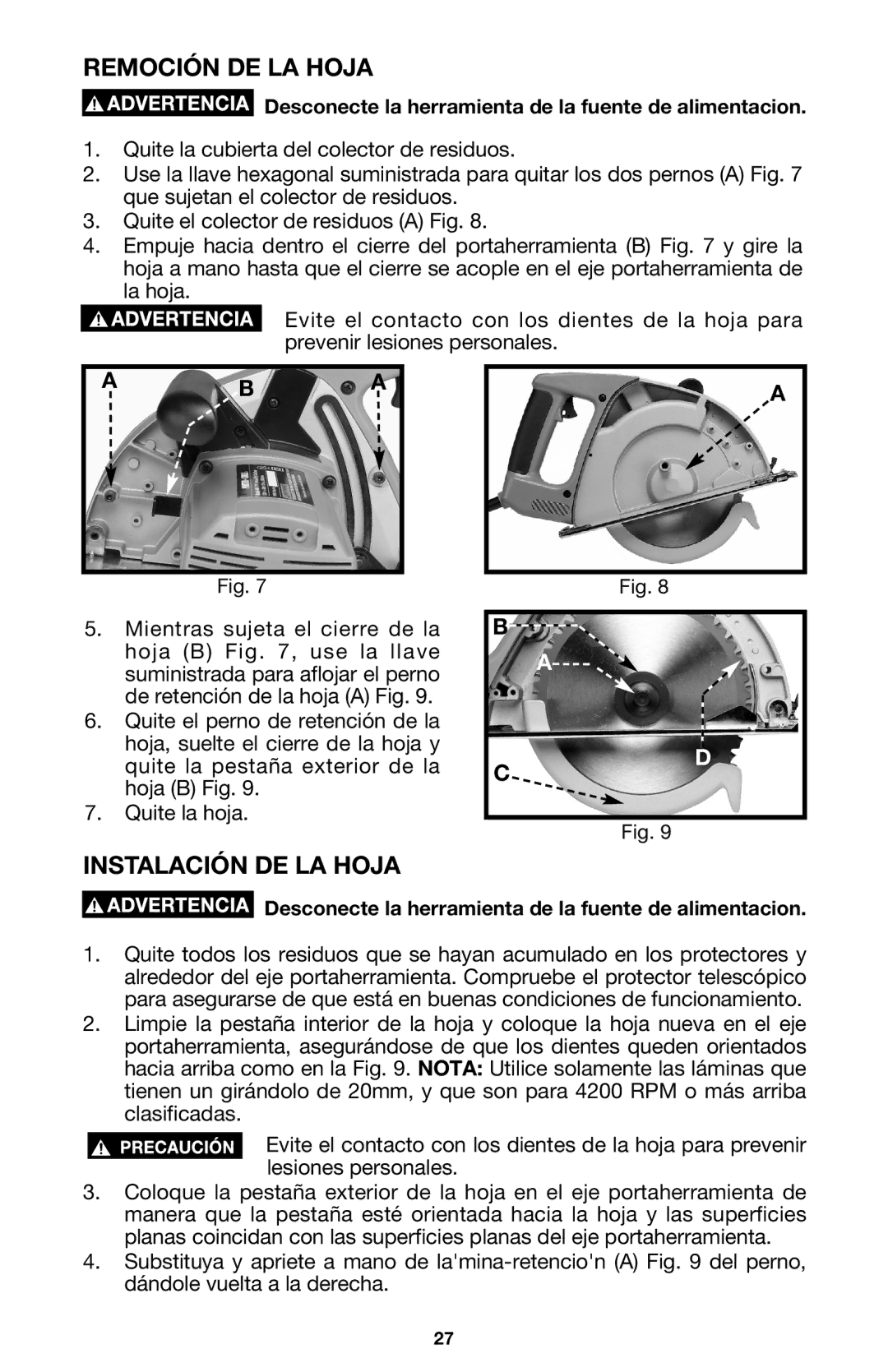 Porter-Cable 440 instruction manual Remoción DE LA Hoja, Instalación DE LA Hoja 