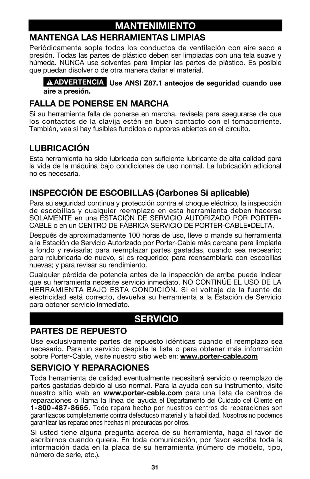 Porter-Cable 440 instruction manual Mantenimiento, Servicio 