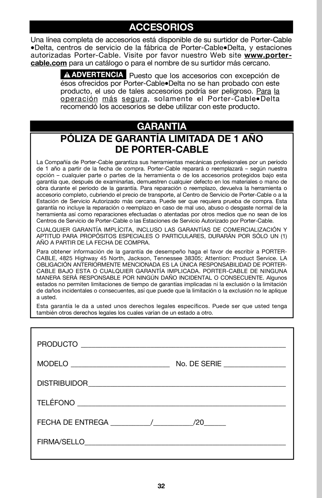 Porter-Cable 440 instruction manual Accesorios, Garantia, Póliza DE Garantía Limitada DE 1 AÑO DE PORTER-CABLE 