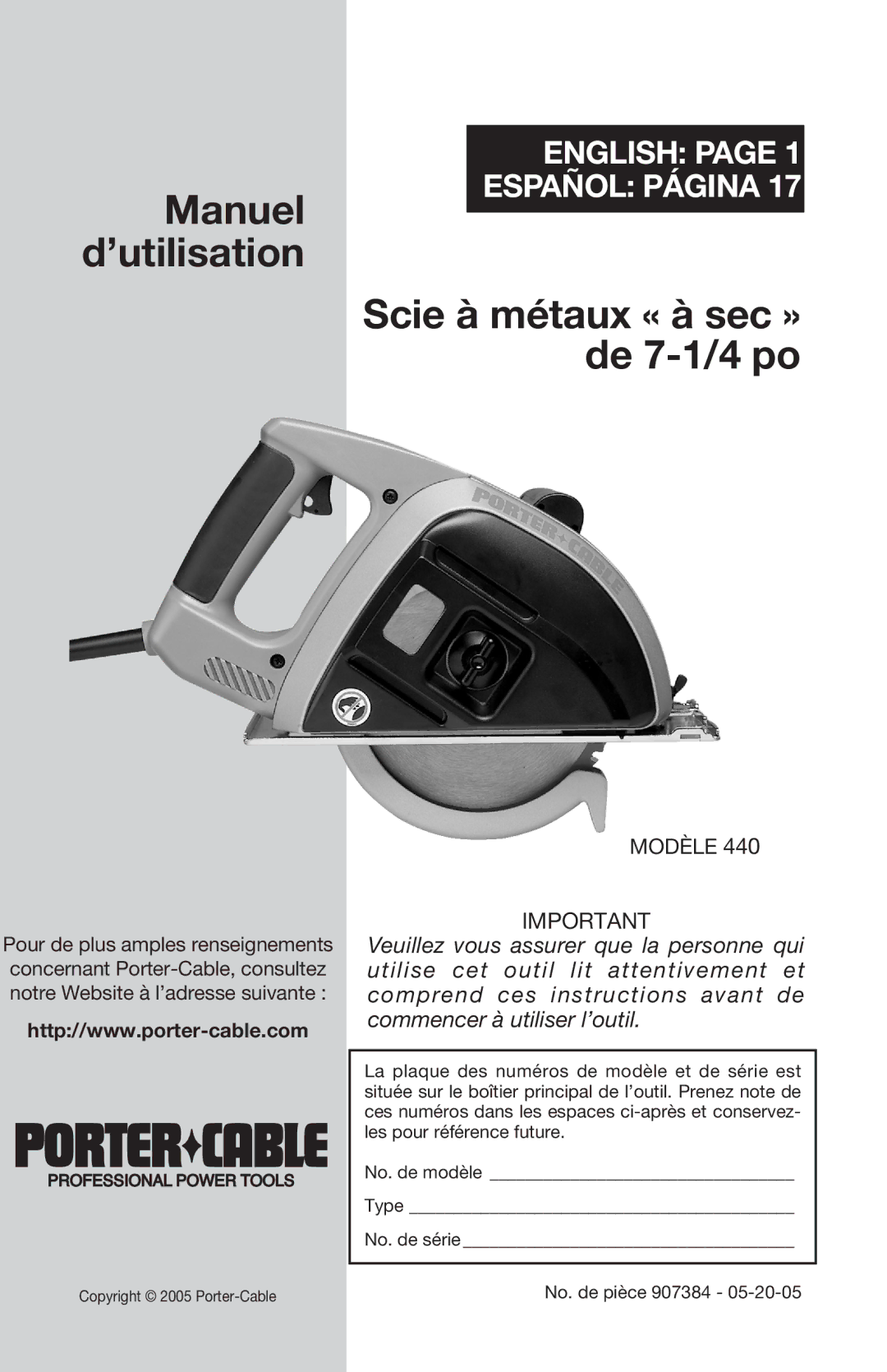 Porter-Cable 440 instruction manual Manuel d’utilisation 