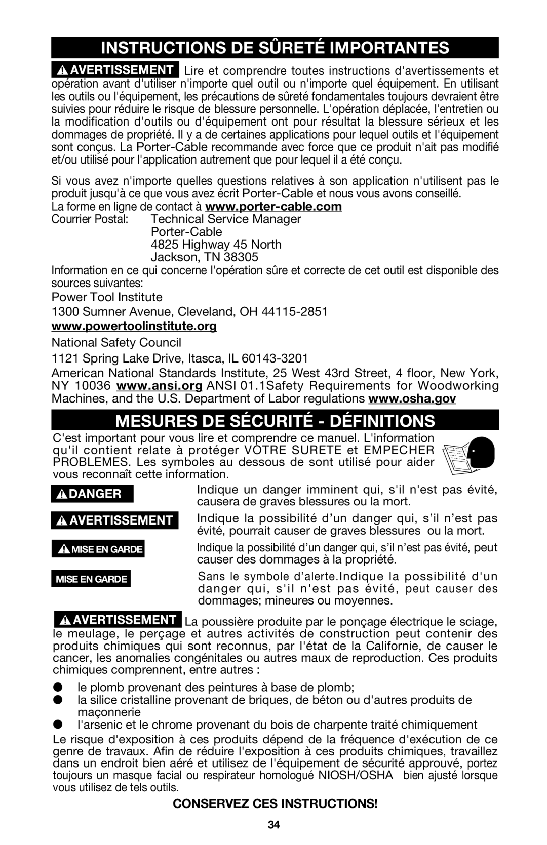 Porter-Cable 440 instruction manual Instructions DE Sûreté Importantes, Mesures DE Sécurité Définitions 