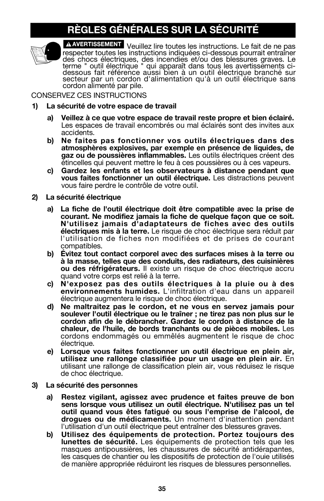 Porter-Cable 440 instruction manual Règles Générales SUR LA Sécurité 