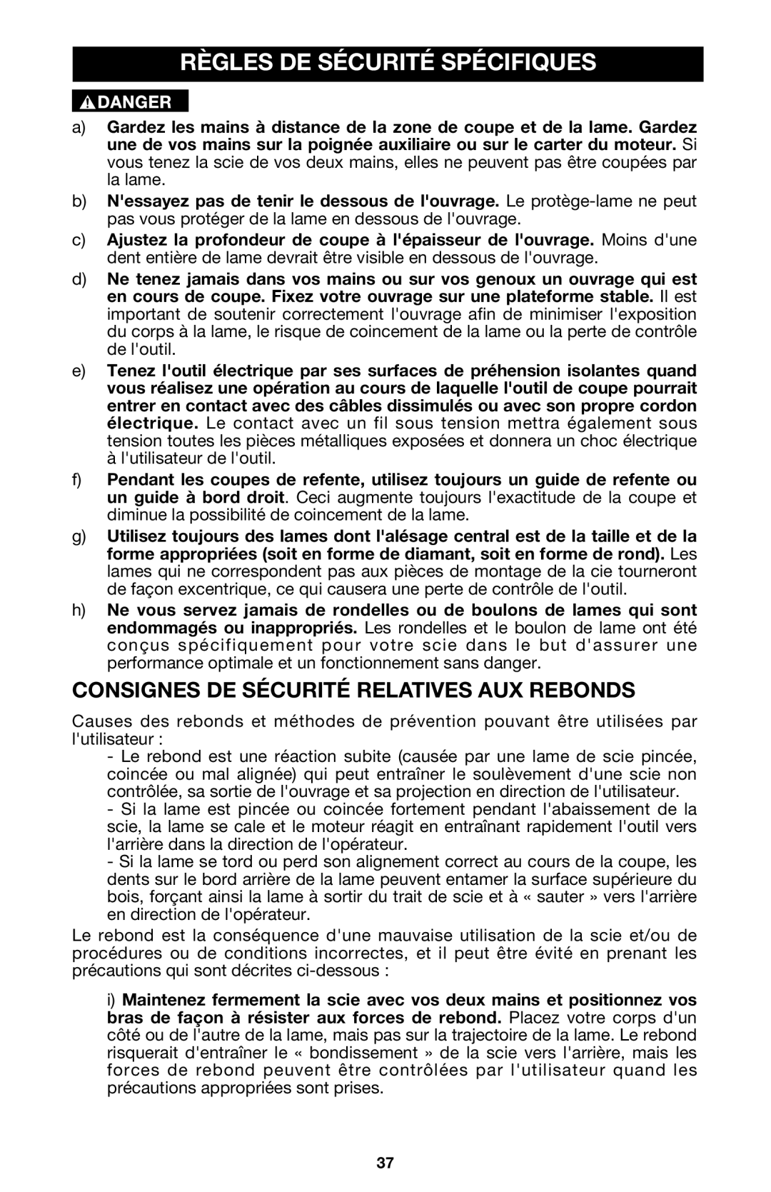 Porter-Cable 440 instruction manual Règles DE Sécurité Spécifiques, Consignes DE Sécurité Relatives AUX Rebonds 