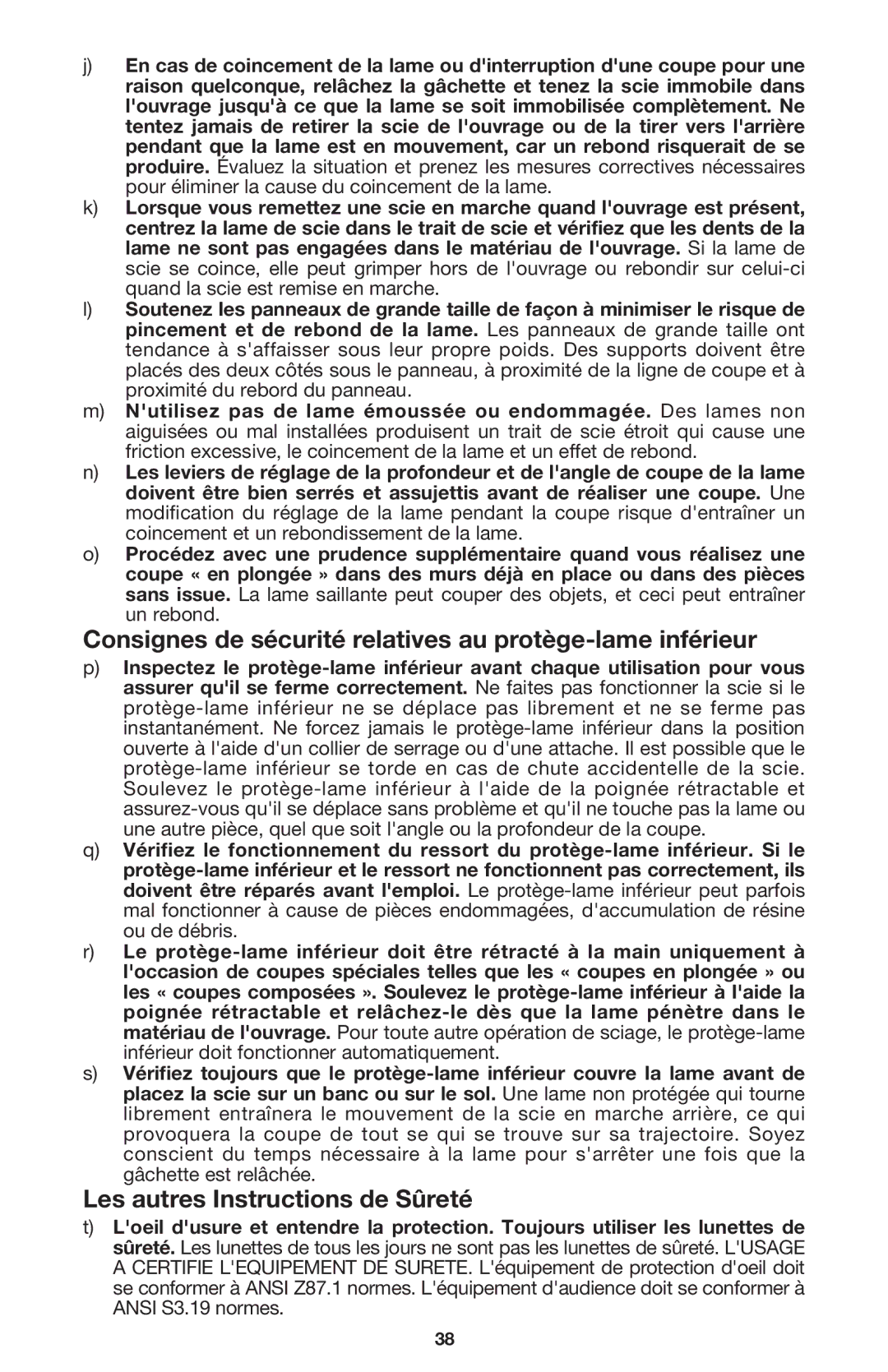 Porter-Cable 440 instruction manual Consignes de sécurité relatives au protège-lame inférieur 