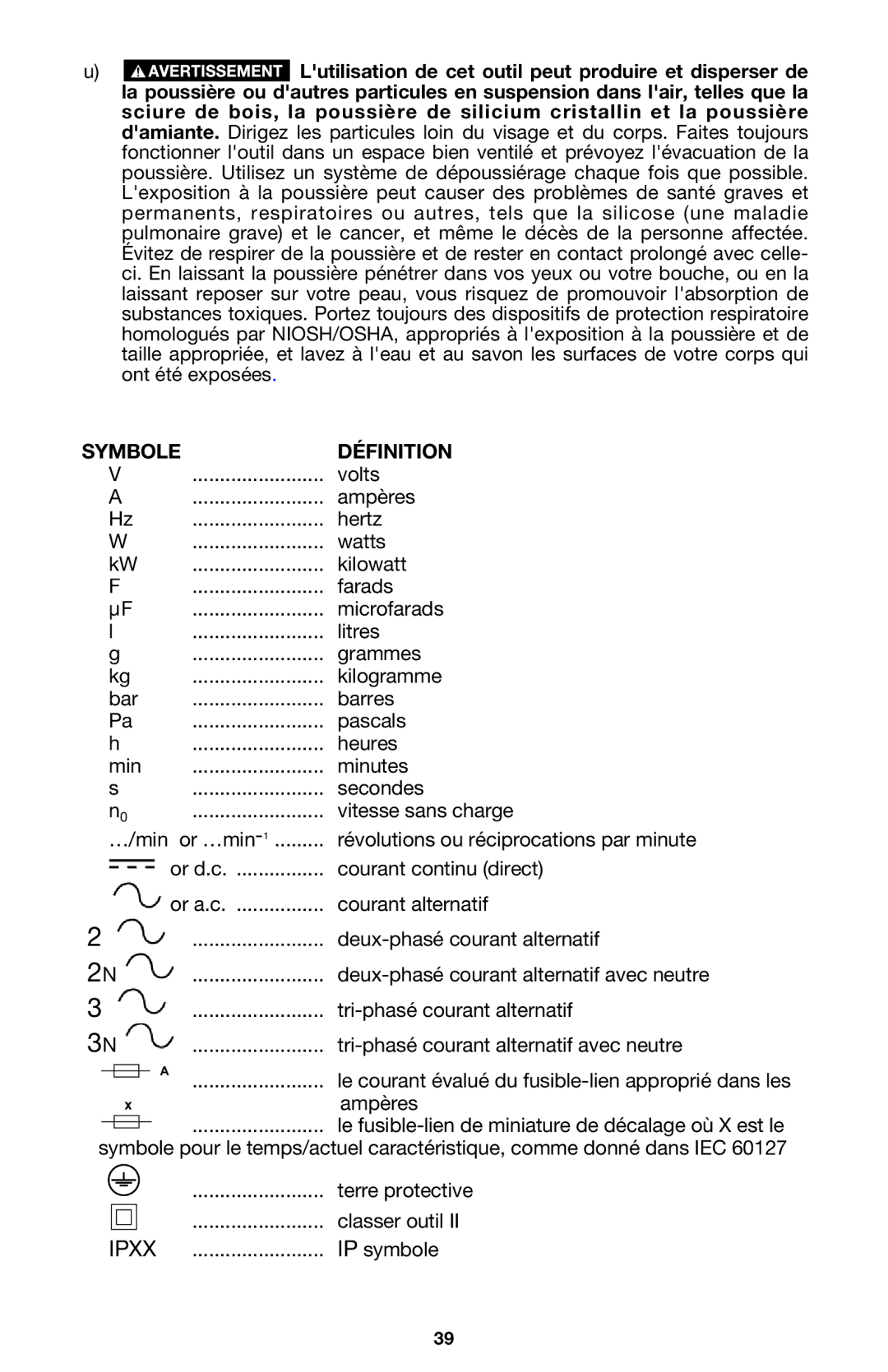 Porter-Cable 440 instruction manual Symbole Définition 