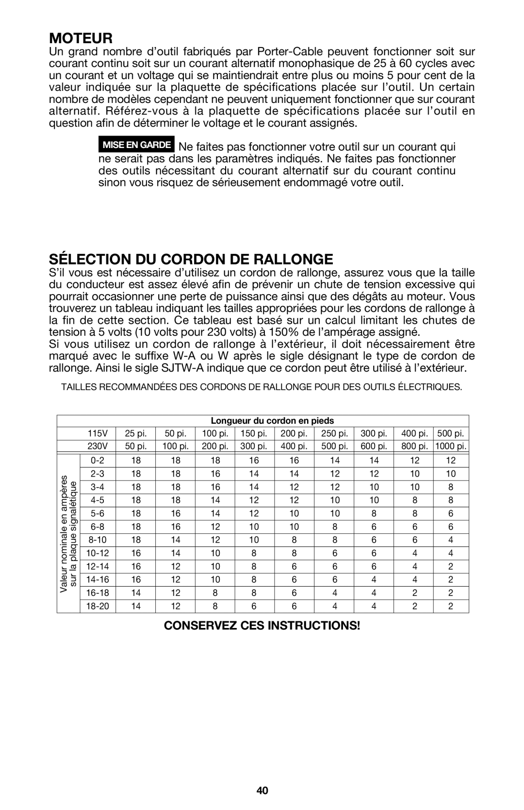 Porter-Cable 440 instruction manual Moteur, Sélection DU Cordon DE Rallonge 