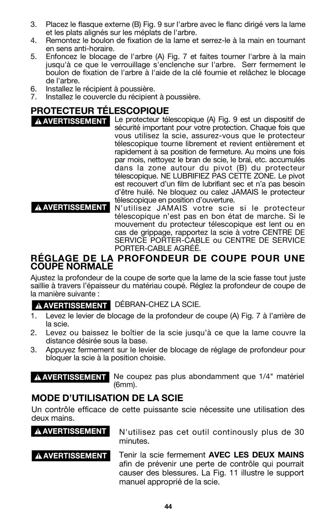 Porter-Cable 440 instruction manual Protecteur Télescopique, Réglage DE LA Profondeur DE Coupe Pour UNE Coupe Normale 