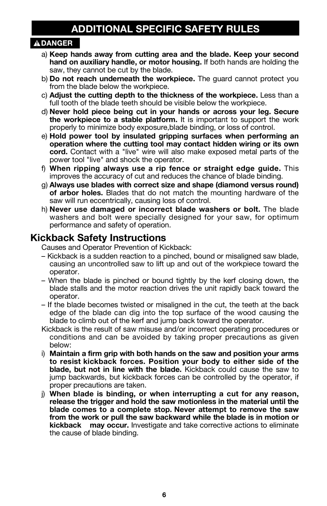 Porter-Cable 440 instruction manual Additional Specific Safety Rules, Kickback Safety Instructions 