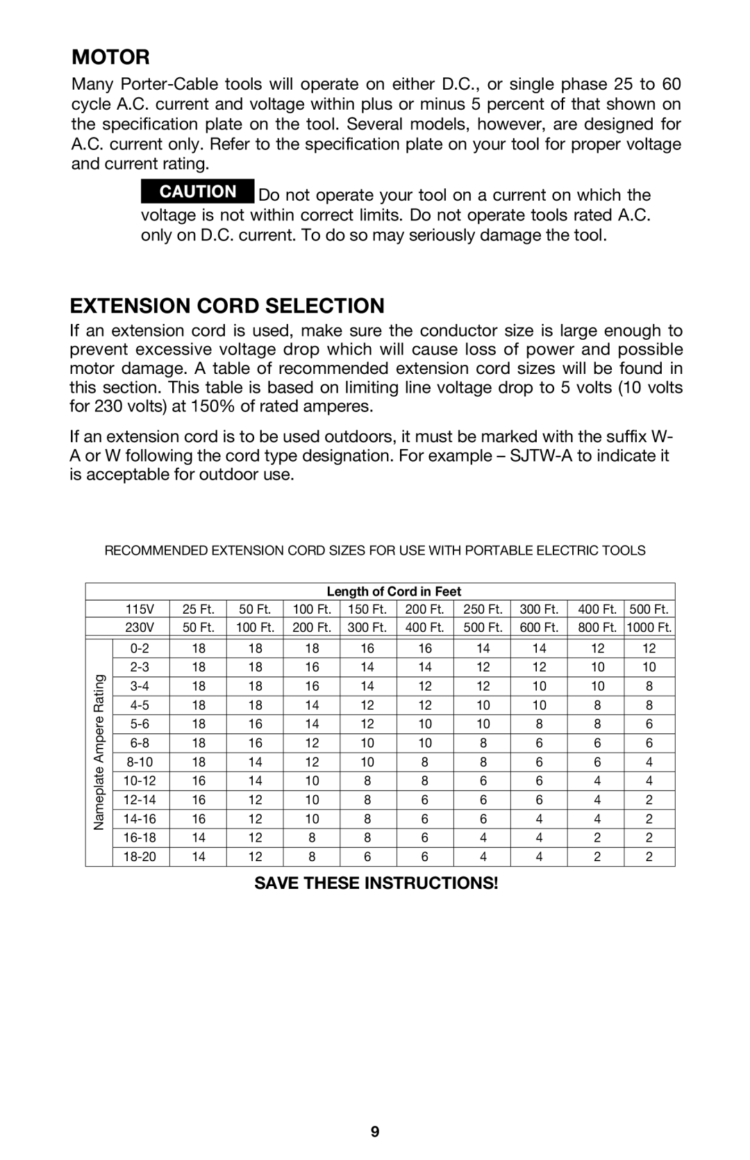 Porter-Cable 440 instruction manual Motor, Extension Cord Selection 