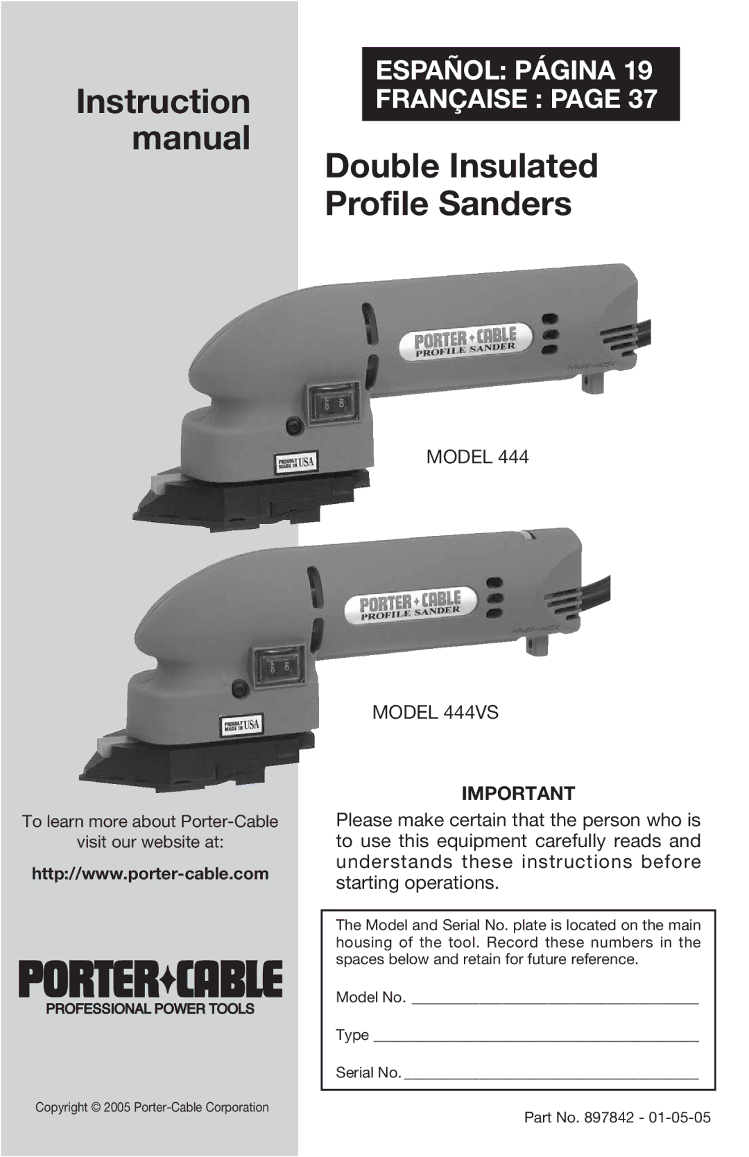 Porter-Cable 444vs instruction manual Manual Double Insulated Profile Sanders 