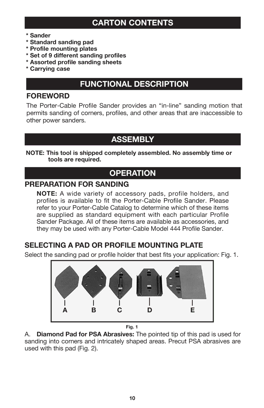 Porter-Cable 444vs instruction manual Carton Contents, Functional Description, Assembly Operation 