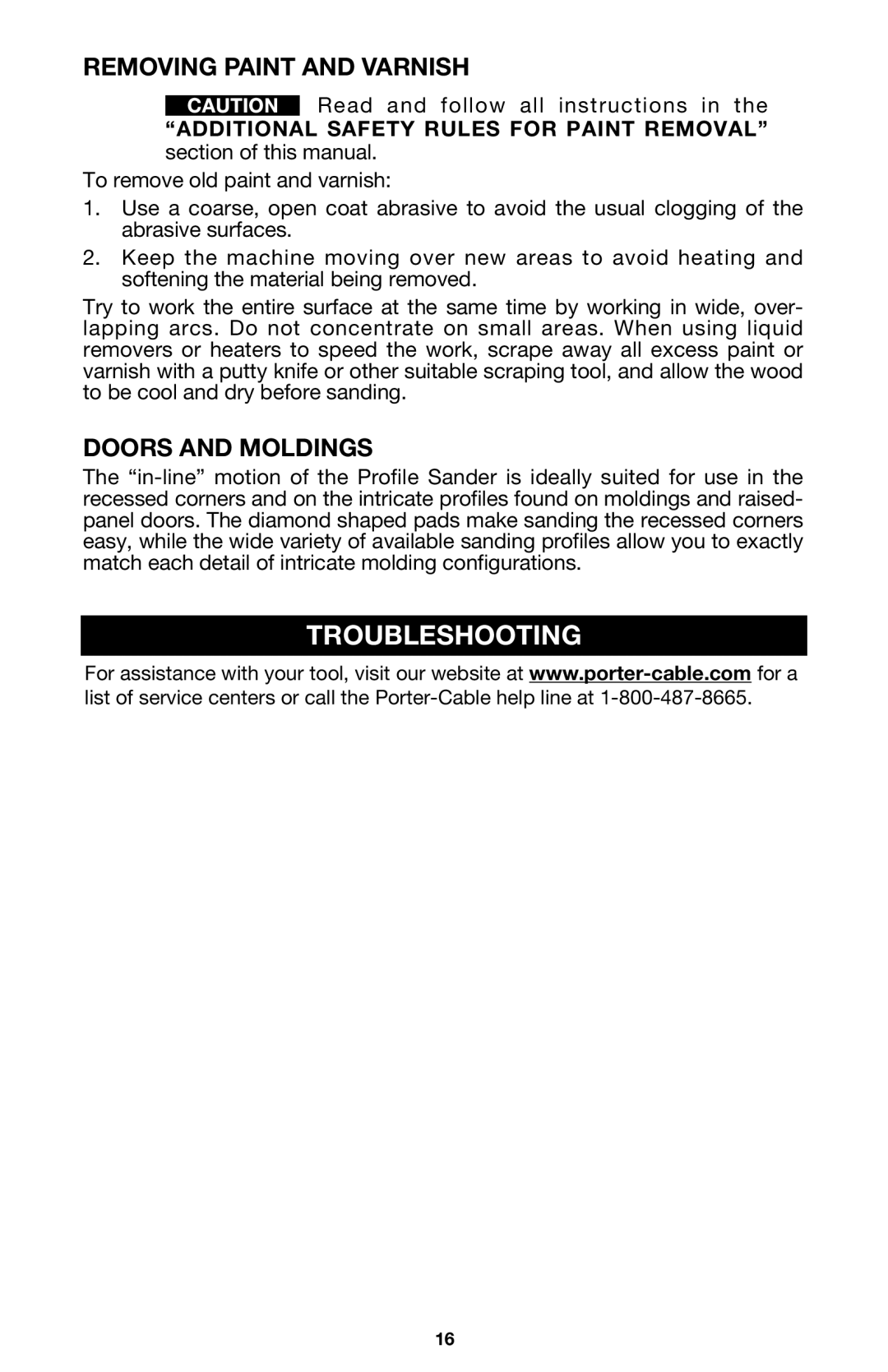 Porter-Cable 444vs instruction manual Troubleshooting, Removing Paint and Varnish, Doors and Moldings 