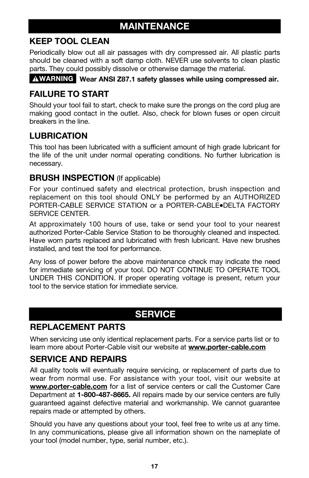 Porter-Cable 444vs instruction manual Maintenance, Service 