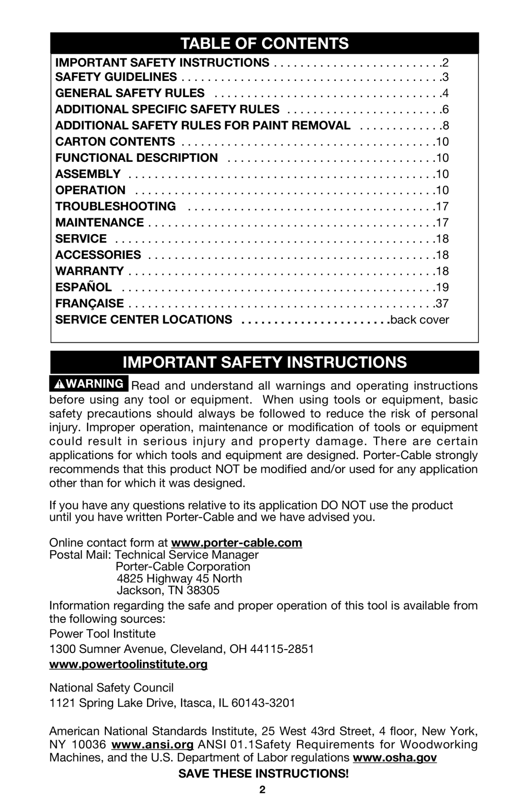 Porter-Cable 444vs instruction manual Table of Contents, Important Safety Instructions 