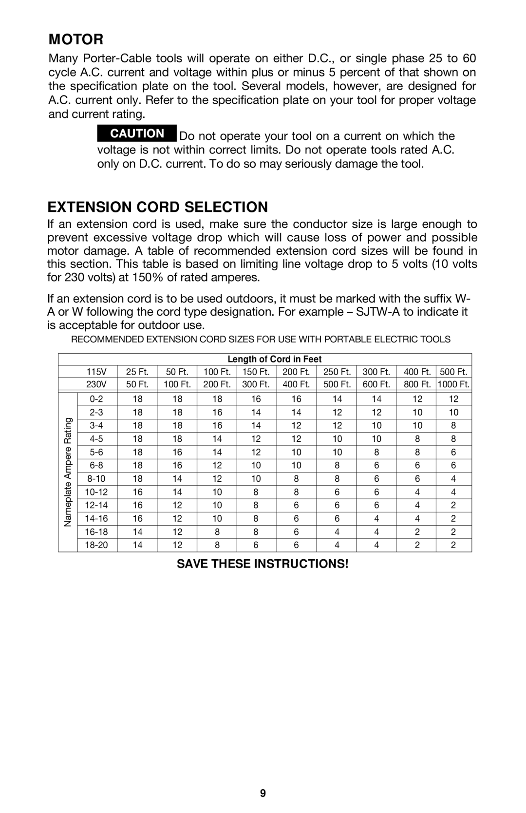 Porter-Cable 444vs instruction manual Motor, Extension Cord Selection 