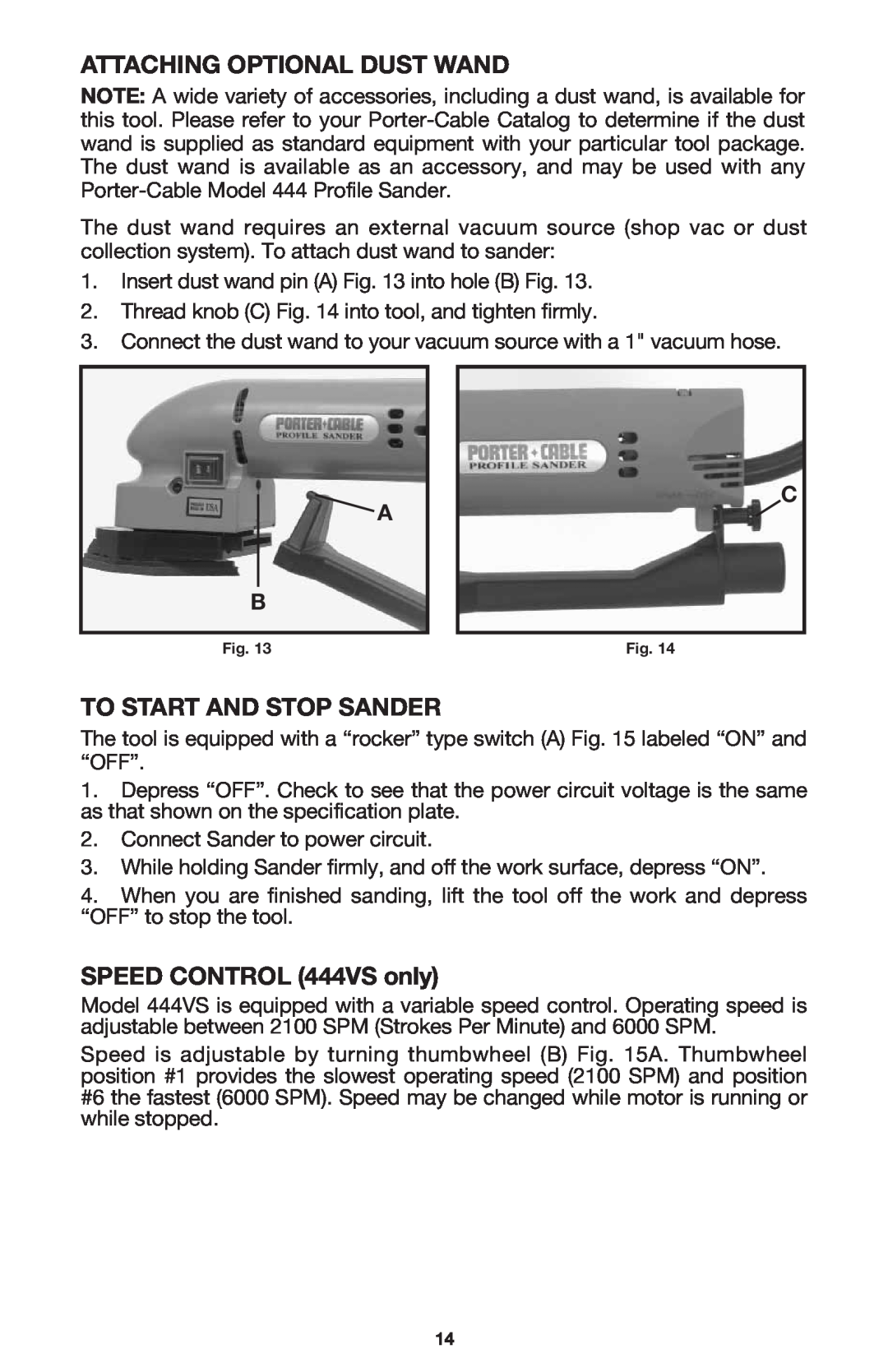 Porter-Cable 444vs instruction manual Attaching Optional Dust Wand, To Start And Stop Sander, SPEED CONTROL 444VS only 
