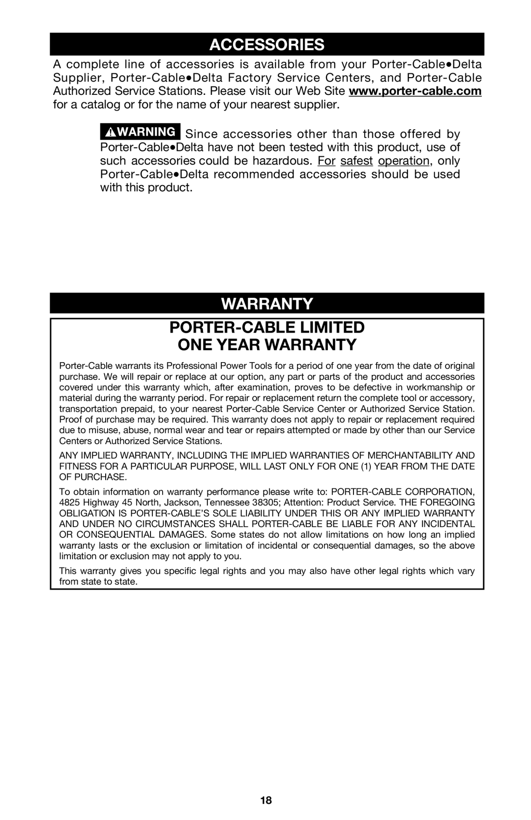 Porter-Cable 444vs instruction manual Accessories, Porter-Cable Limited One Year Warranty 