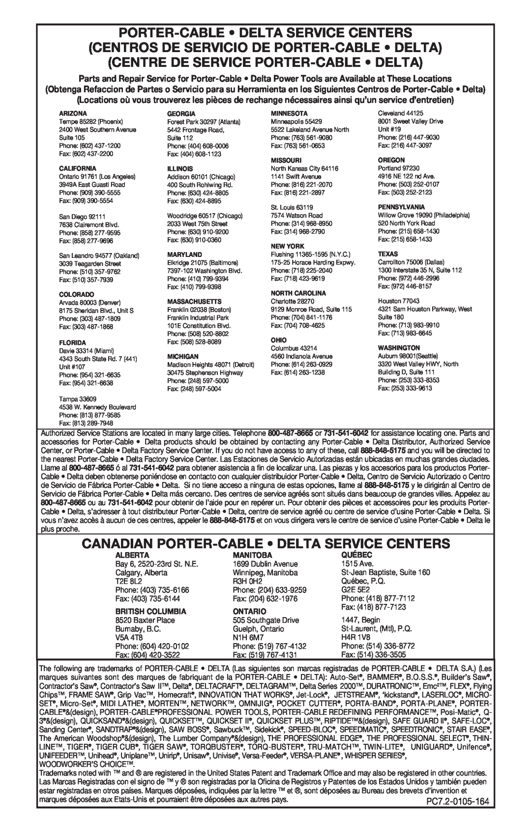 Porter-Cable 444vs Porter-Cable Delta Service Centers, Centros De Servicio De Porter-Cable Delta, Alberta, Manitoba 