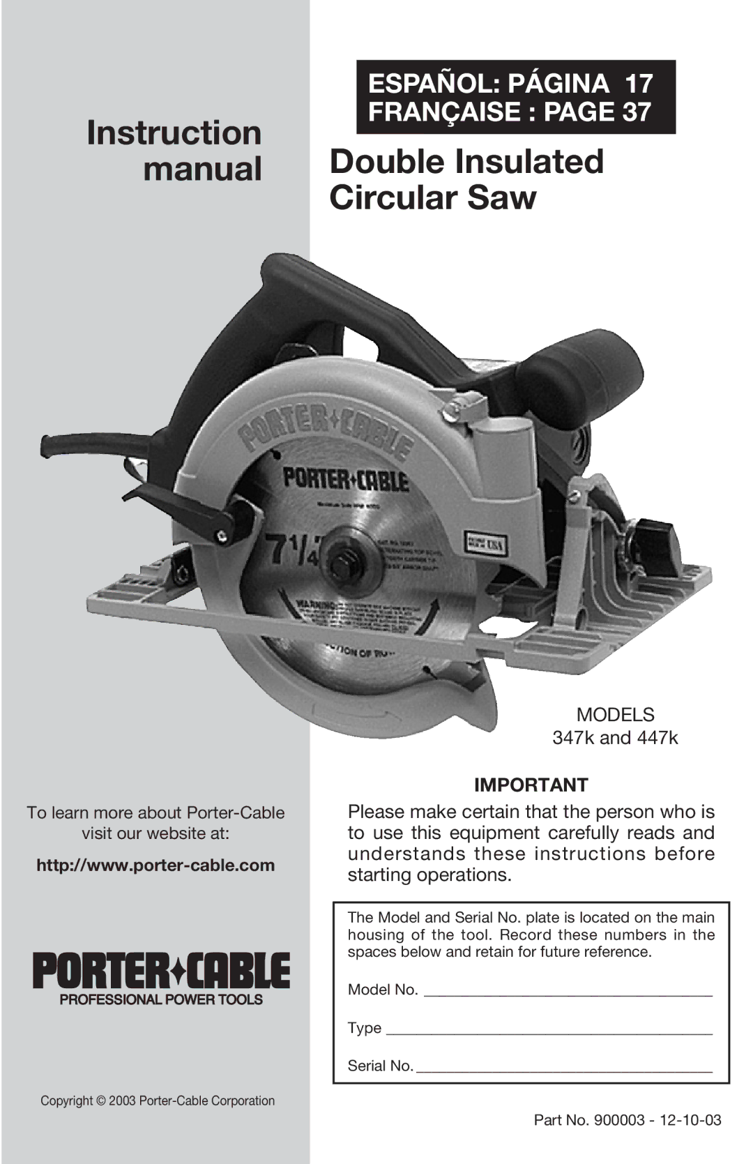 Porter-Cable 447 instruction manual Instruction 