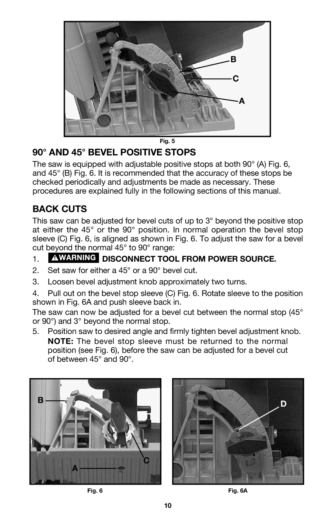 Porter-Cable 447 instruction manual Bevel Positive Stops, Back Cuts 