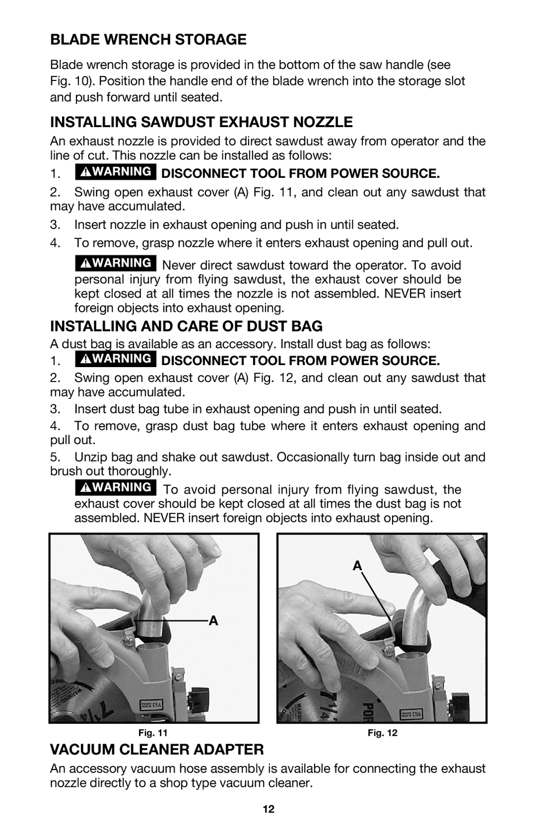 Porter-Cable 447 Blade Wrench Storage, Installing Sawdust Exhaust Nozzle, Installing and Care of Dust BAG 