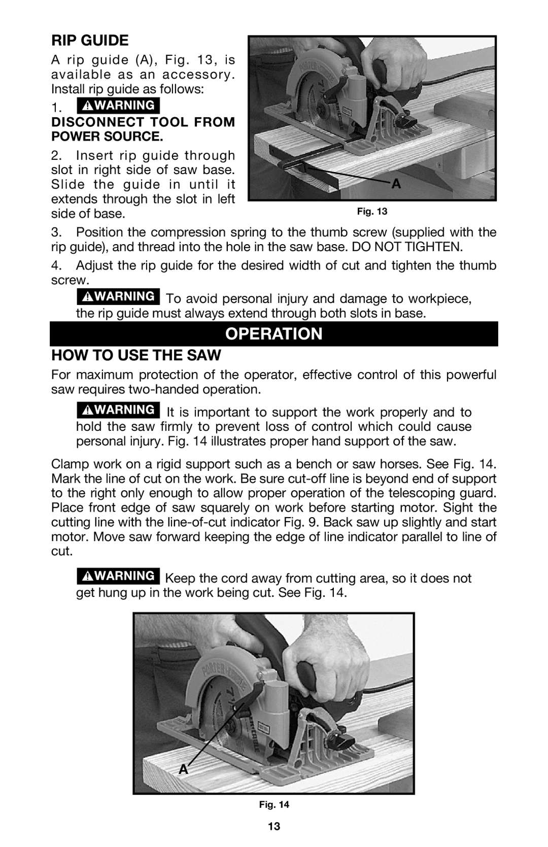 Porter-Cable 447 instruction manual Operation, RIP Guide, HOW to USE the SAW 