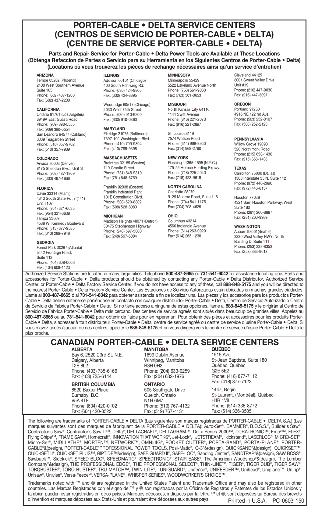 Porter-Cable 447 instruction manual Canadian PORTER-CABLE Delta Service Centers 