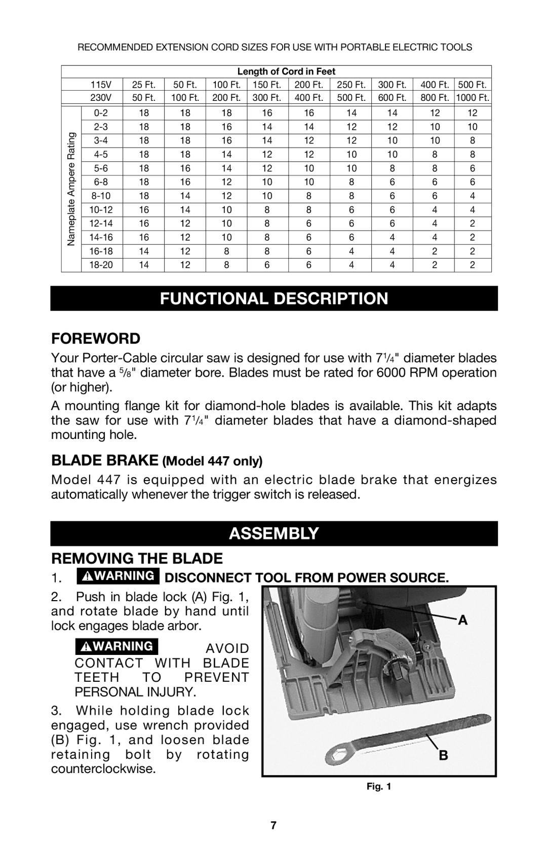 Porter-Cable 447 instruction manual Functional Description, Assembly, Foreword, Removing the Blade 