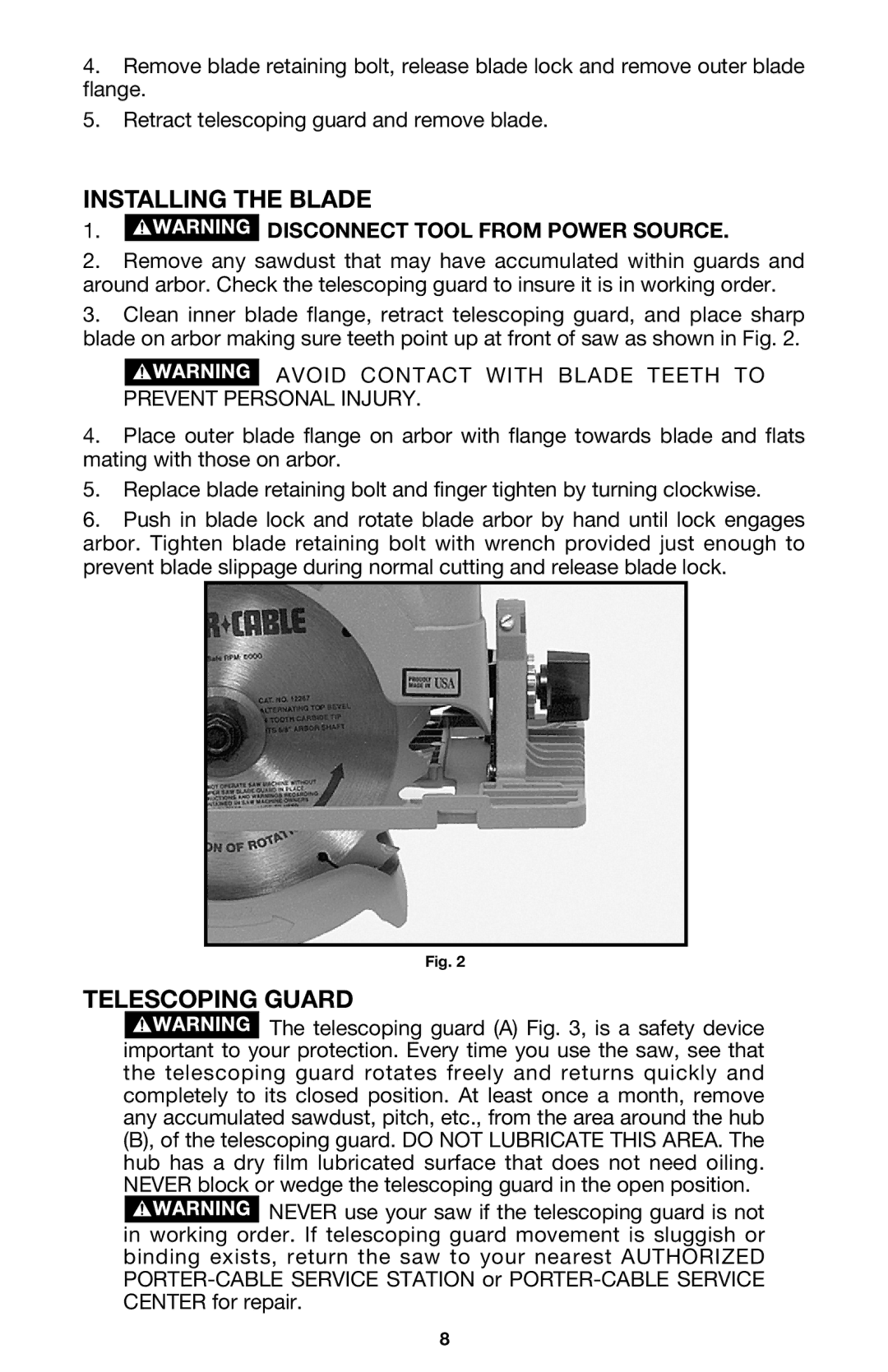 Porter-Cable 447 instruction manual Installing the Blade, Telescoping Guard 