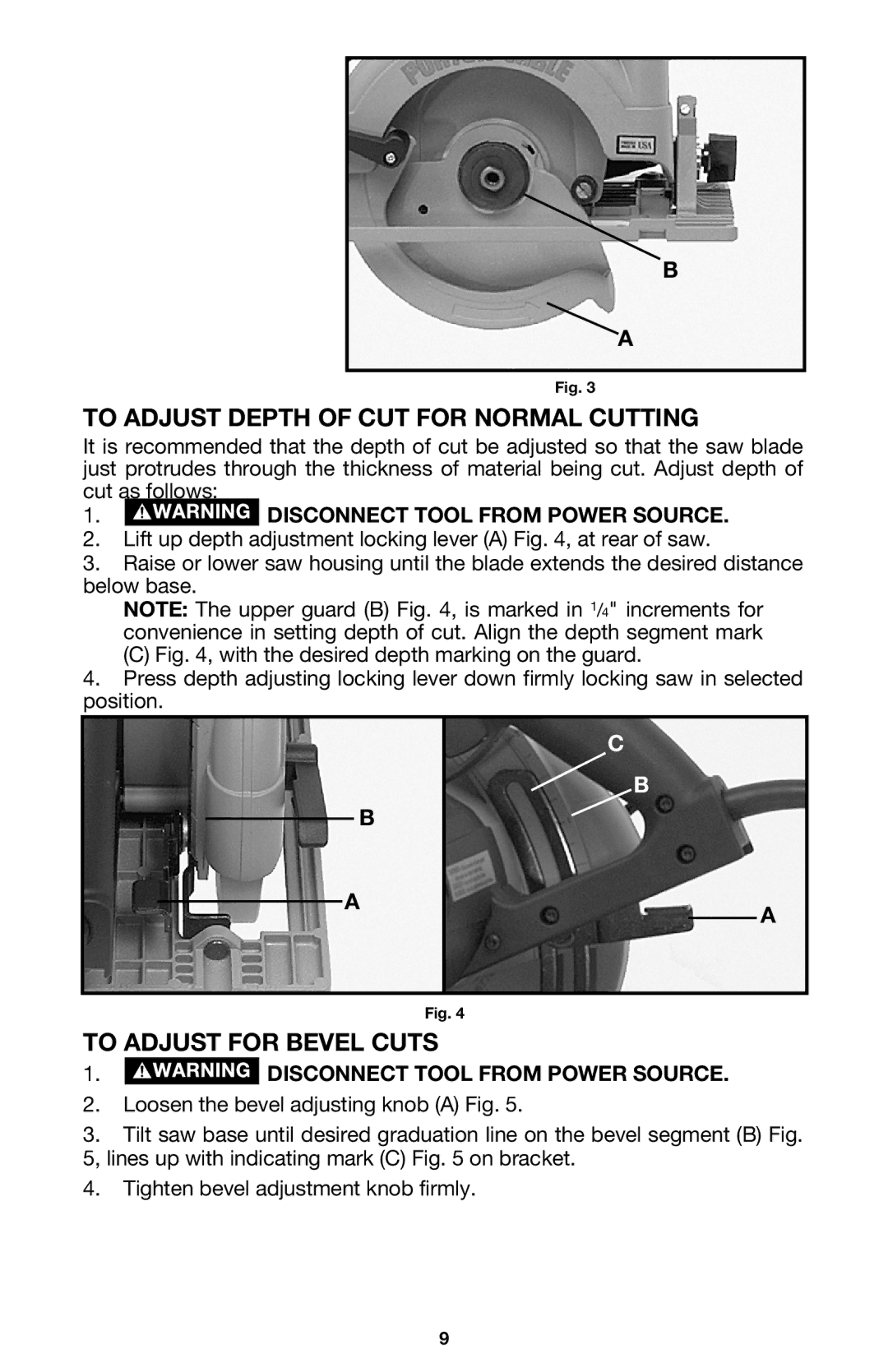 Porter-Cable 447 instruction manual To Adjust Depth of CUT for Normal Cutting, To Adjust for Bevel Cuts 