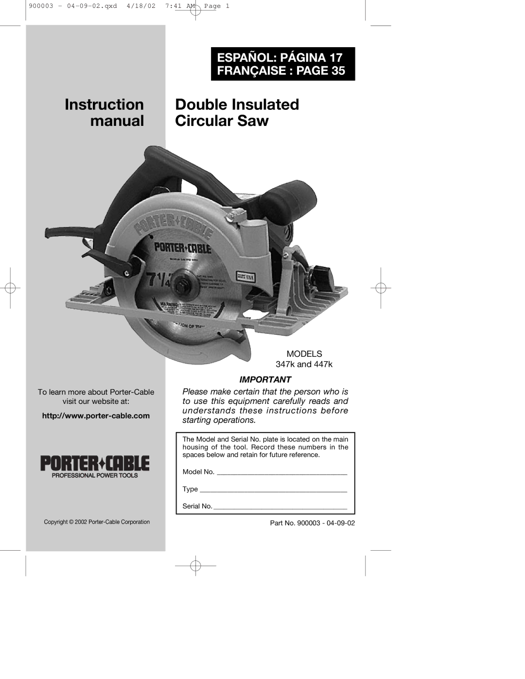 Porter-Cable 347k, 447k instruction manual Double Insulated 