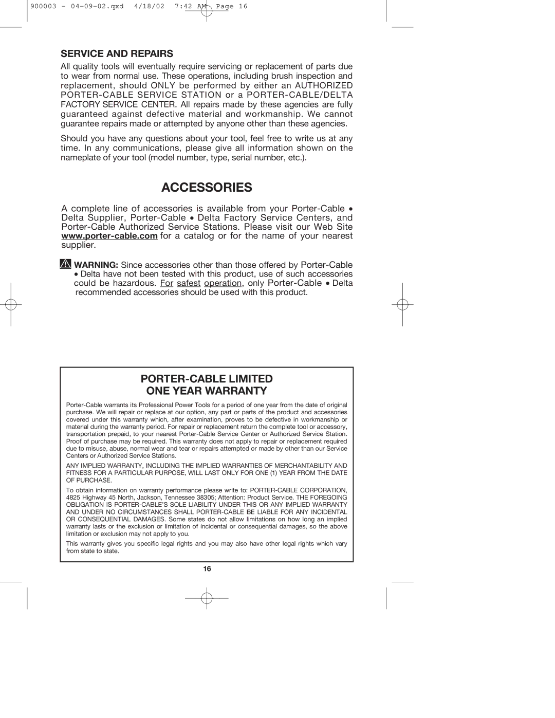 Porter-Cable 447k, 347k instruction manual Accessories, Service and Repairs 