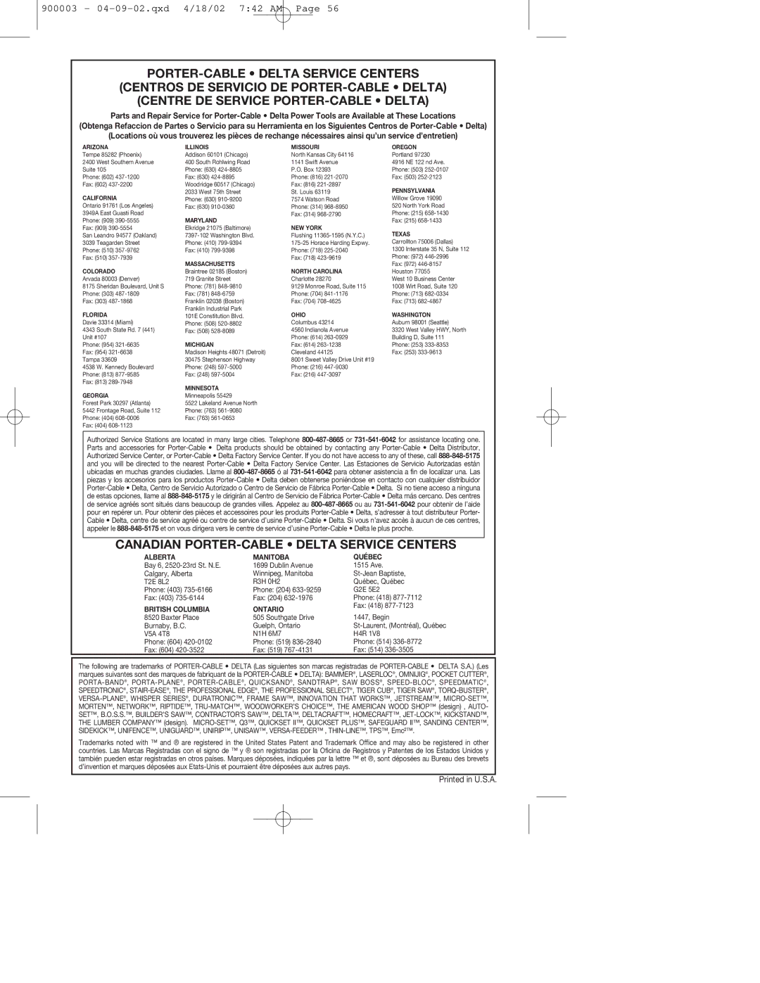 Porter-Cable 347k, 447k instruction manual Canadian PORTER-CABLE Delta Service Centers 